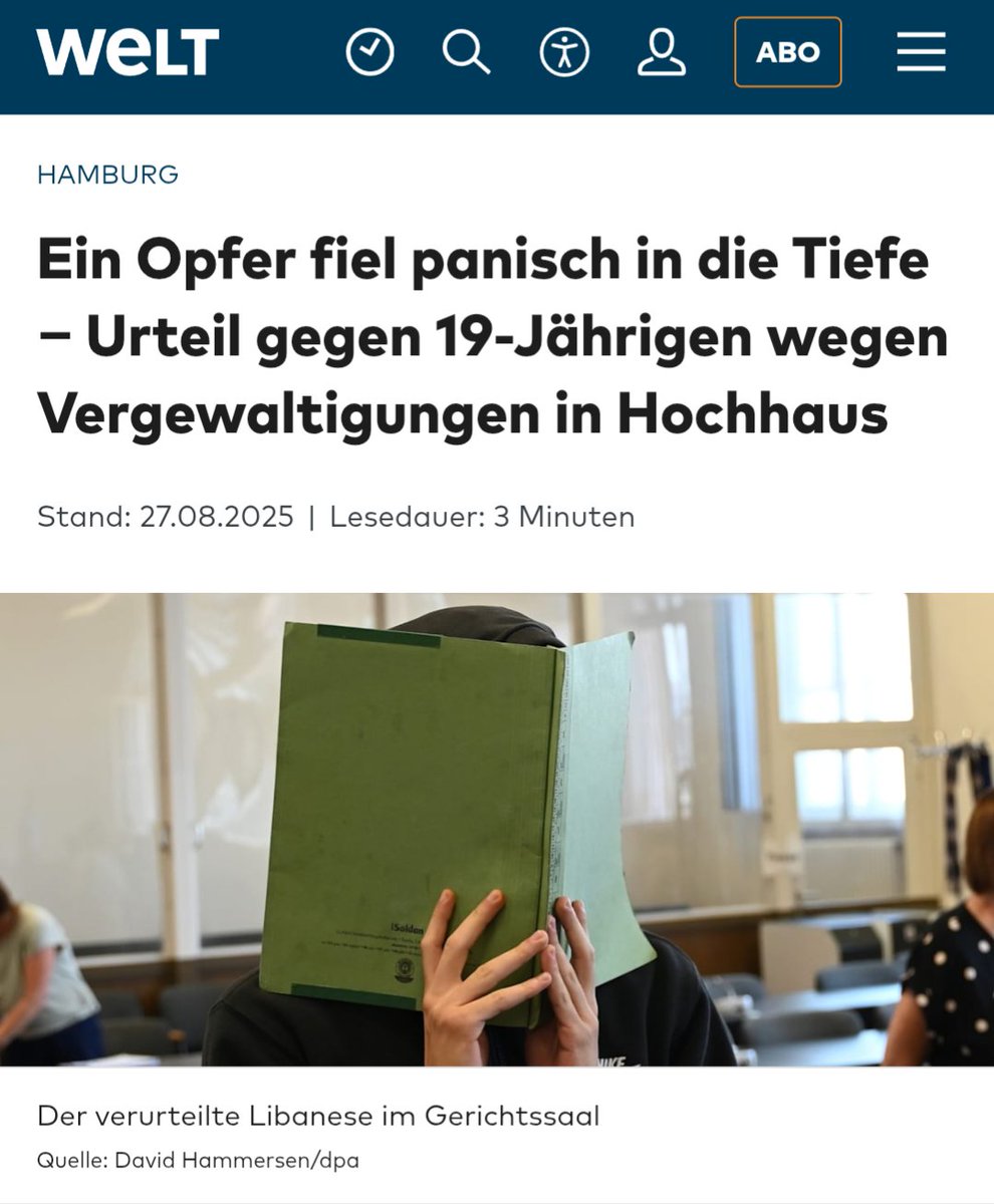 Das Urteil ist da.

Ein 18jähriger Libanese traf sich im Januar mit einer 18jährigen, die er über Snapchat kennengelernt hatte, im 9. Stock eines Hochhauses in #Hamburg.

Dort drückte er sie gegen eine Wand und bedrohte sie mit dem Tod, sollte sie seinen Forderungen nicht