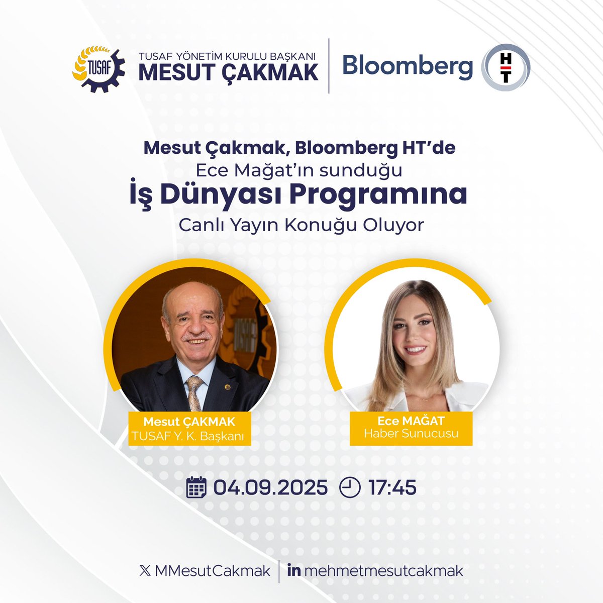 Değerli dostlar,

04 Eylül 2025 Perşembe günü saat 17:45’te, Bloomberg HT’de Ece Mağat’ın sunduğu İş Dünyası programına konuk olacağım.

Sizlerle birlikte; iş dünyasındaki gelişmeleri, sektörümüzün geleceğini ve ülke ekonomisine katkılarımızı değerlendireceğiz.

Keyifli bir