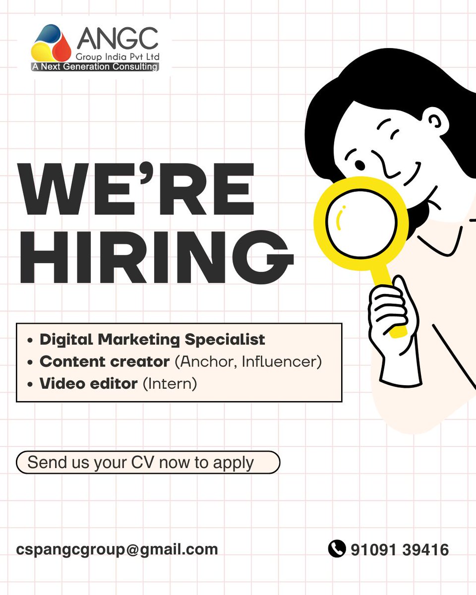 angcgroupind's tweet image. We’re Hiring! Join ANGC Group India Pvt. Ltd.
Looking for:
✨ Digital Marketing Specialist
✨ Content Creator (Anchor/Influencer)
✨ Video Editor (Intern)
📩 Send us your CV at cspangcgroup@gmail.com
📞 Contact: 91091 39416
.
.
#ANGC #WeAreHiring #JobOpportunity #DigitalMarketing