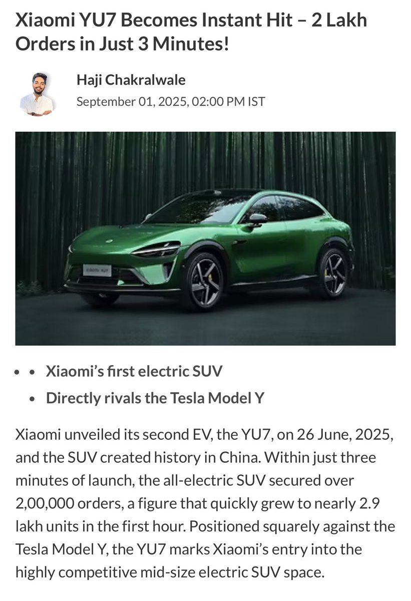 Vivek Singhal (@theviveksinghal) on Twitter photo Xiaomi YU7 rival of Tesla Model Y - 2,00,000 units order in just 3 minutes of launch. 
Tesla is trading at more than 200 PE; not sustainable. Xiaomi YU7 rival of Tesla Model Y - 2,00,000 units order in just 3 minutes of launch. 
Tesla is trading at more than 200 PE; not sustainable.