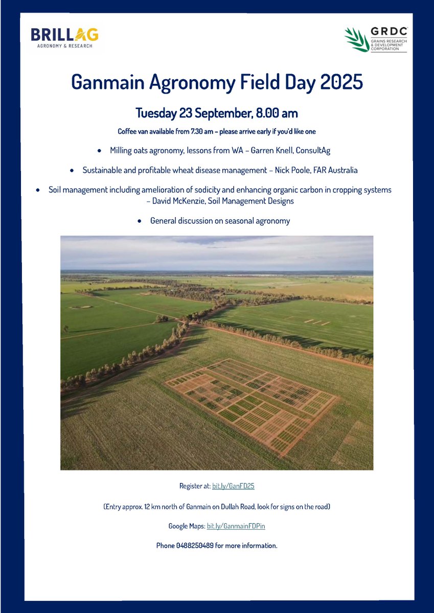 Brill Ag Ganmain Agronomy Field Day is on Tuesday 23 September. Diverse topics including milling oats agronomy, cereal disease management &amp; improving sodic soils. Looking forward to hearing from <a href="/GarrenKnell/">Garren Knell</a> from ConsultAg, <a href="/Pooley_Nick_FAR/">Nick Poole</a> from <a href="/far_australia/">FAR Australia</a> &amp; David McKenzie