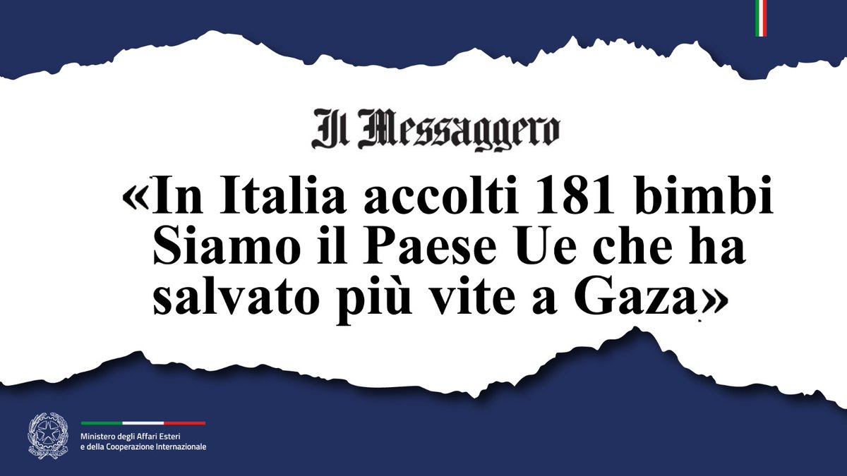 Farnesina 🇮🇹 (@italymfa) on Twitter photo 🗞️ "ANP nostro unico interlocutore palestinese. Uno Stato di Palestina può nascere se non c'è Hamas. L'Italia è pronta a inviare truppe🇮🇹 sotto egida ONU per riunificare Gaza e Cisgiordania".
Leggi l'intervista al Min. <a href="/Antonio_Tajani/">Antonio Tajani</a> su <a href="/ilmessaggeroit/">Il Messaggero</a>👇
esteri.it/it/sala_stampa… 🗞️ "ANP nostro unico interlocutore palestinese. Uno Stato di Palestina può nascere se non c'è Hamas. L'Italia è pronta a inviare truppe🇮🇹 sotto egida ONU per riunificare Gaza e Cisgiordania".
Leggi l'intervista al Min. <a href="/Antonio_Tajani/">Antonio Tajani</a> su <a href="/ilmessaggeroit/">Il Messaggero</a>👇
esteri.it/it/sala_stampa…