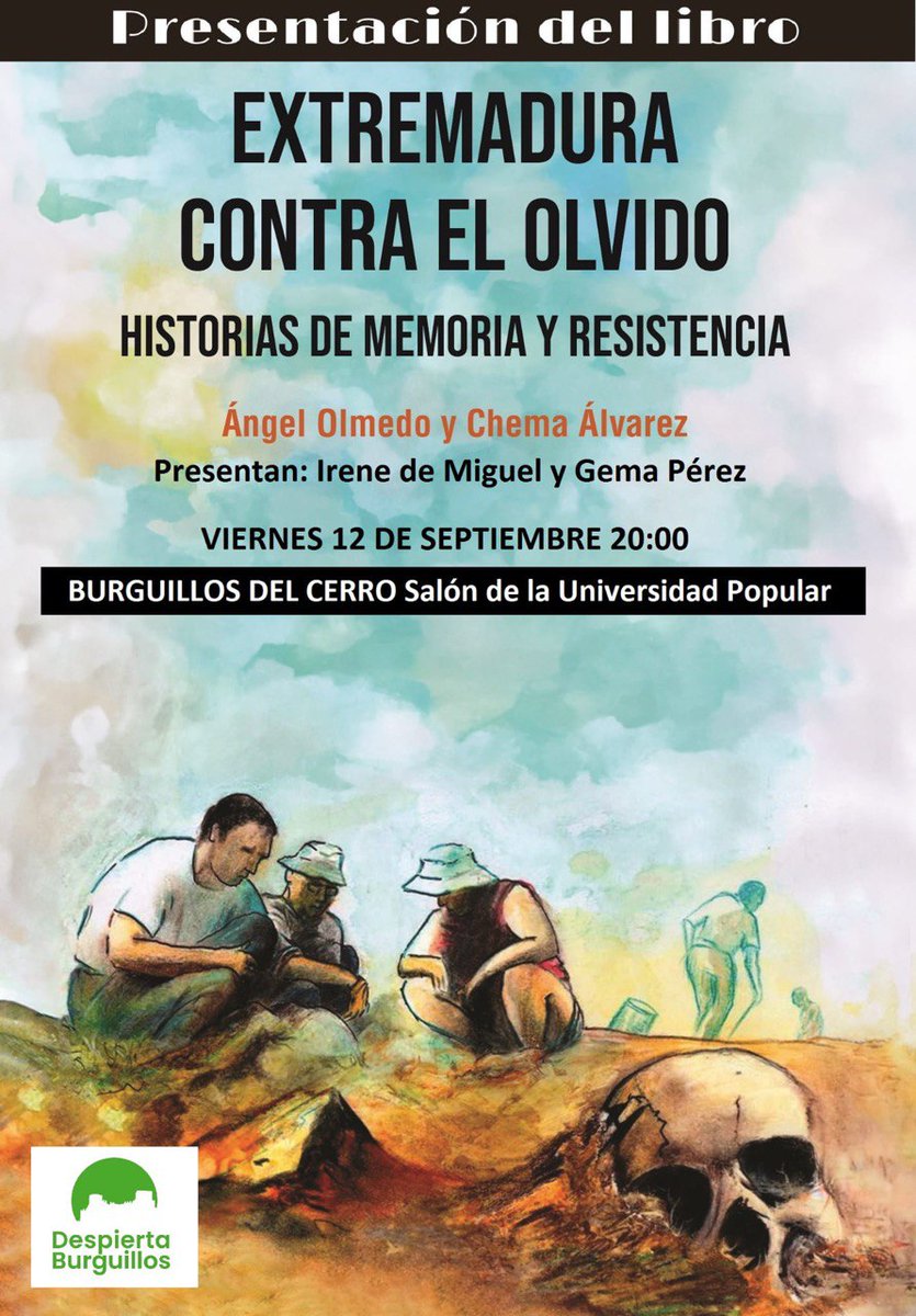 Podemos Extremadura (@podemos_ext) on Twitter photo 📢 CHARLA-PRESENTACIÓN DEL LIBRO: 𝗘𝗫𝗧𝗥𝗘𝗠𝗔𝗗𝗨𝗥𝗔 𝗖𝗢𝗡𝗧𝗥𝗔 𝗘𝗟 𝗢𝗟𝗩𝗜𝗗𝗢
🗓️ Viernes 12 de septiembre.
📍 Burguillos del Cerro (Salón de la Universidad Popular).
🕐 20.00.
Con sus autores Ángel Olmedo y Chema Álvarez.
Presentan <a href="/Irenirima/">Irene de Miguel</a> y Gema Pérez. 📢 CHARLA-PRESENTACIÓN DEL LIBRO: 𝗘𝗫𝗧𝗥𝗘𝗠𝗔𝗗𝗨𝗥𝗔 𝗖𝗢𝗡𝗧𝗥𝗔 𝗘𝗟 𝗢𝗟𝗩𝗜𝗗𝗢
🗓️ Viernes 12 de septiembre.
📍 Burguillos del Cerro (Salón de la Universidad Popular).
🕐 20.00.
Con sus autores Ángel Olmedo y Chema Álvarez.
Presentan <a href="/Irenirima/">Irene de Miguel</a> y Gema Pérez.