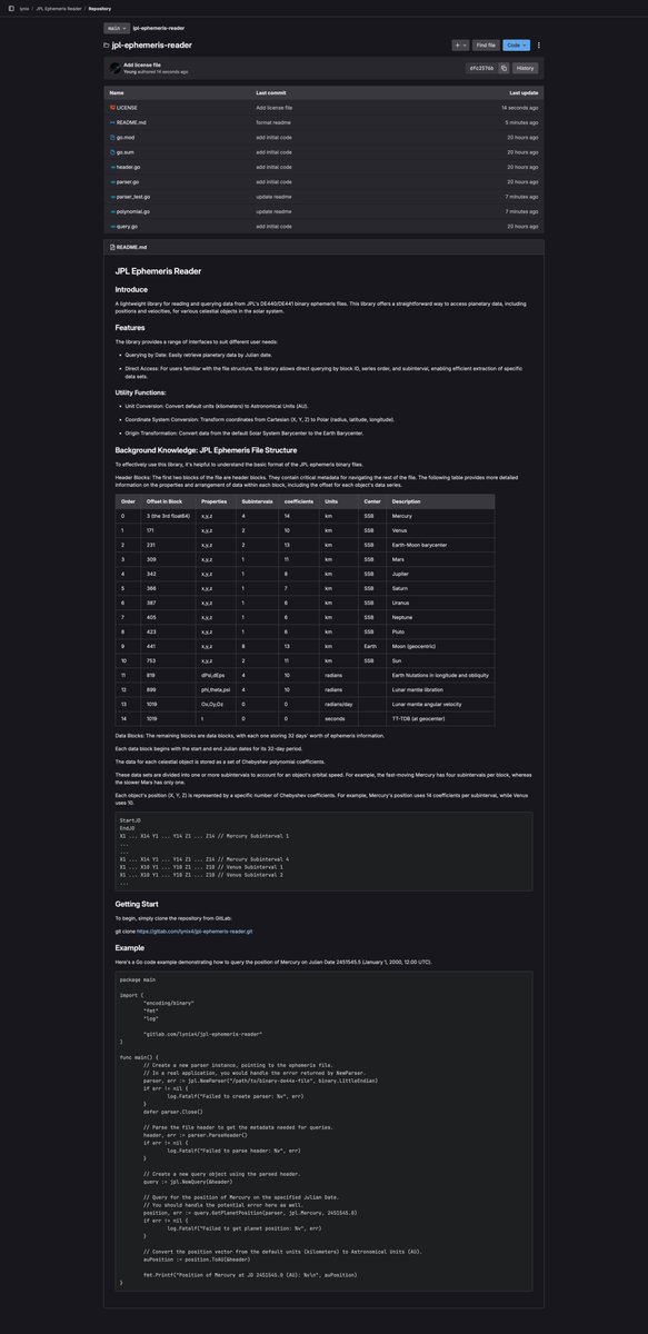 最近為了實現星歷的在公元前的顯示，開發了一個用於閱讀JPL DE440/DE441數位檔案的程式庫。可以用來檢索或剪裁JPL星歷文件。現以MIT協議開源。