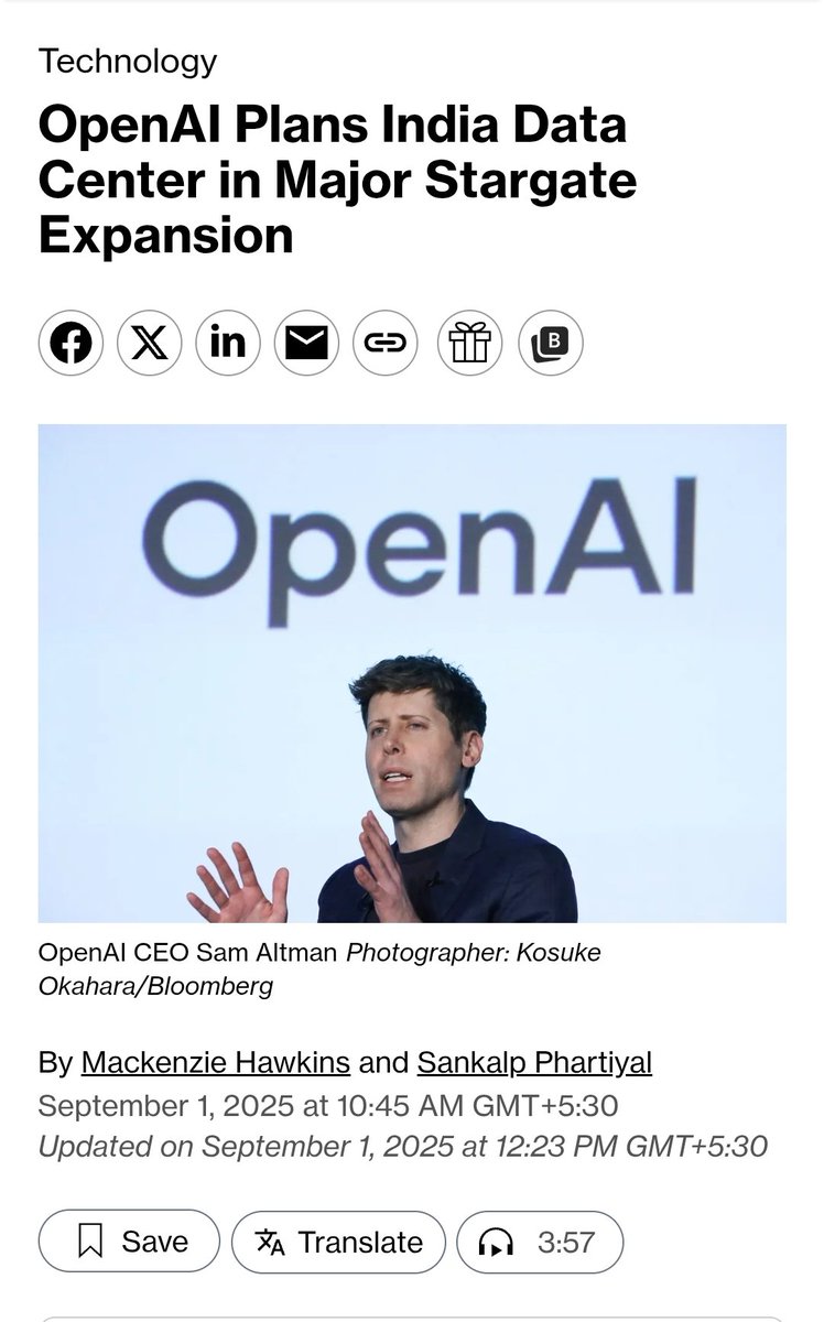 OpenAI Plans India Data Center in Major Stargate Expansion:
 
> They plan to build a huge data center with local Indian partners
> Capacity is at least 1 gigawatt
> They are investing in India because it's a top market for them
> It's not final confirmed yet