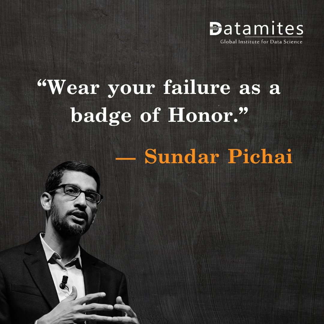DataMites's tweet image. Failure isn't something to be ashamed of. it's proof that you're innovating, learning, and pushing your limits. Own your mistakes and let them guide you to success.

#SundarPichai #Motivation #FailureIsSuccess #Leadership #Innovation #Mindset #Datamites