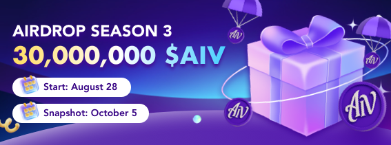 😍AIVille S3 Airdrop Update: Earn Your Share of 30M $AIV!
Rewards distributed by valid invites, ecosystem contributions, &amp; total points.

Boost your score: 
1⃣ Weekly tasks refresh every Mondays 00:00 UTC—complete for big points!
2⃣ Valid Invites &amp; Engage in activities: Feedback,