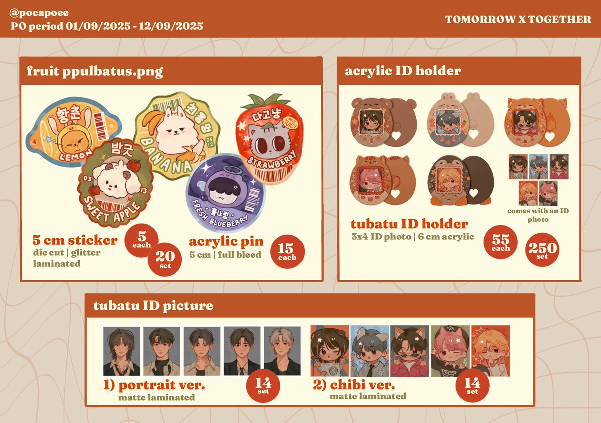 pocapoee's tweet photo. RTS🧡

helloo I’m opening my fanmerch pre order!!
—this is a regular mail order batch, this is NOT for CF‼️

🗓 PO period : 1 September 2025 - 12 September 2025
🇮🇩 and intl 🌎 shipping available!! :3

fandom: TXT, ORV, ALNST, Rusty lake, etc

—more items and 🔗 below https://t.co/KUUHoO2Pf3