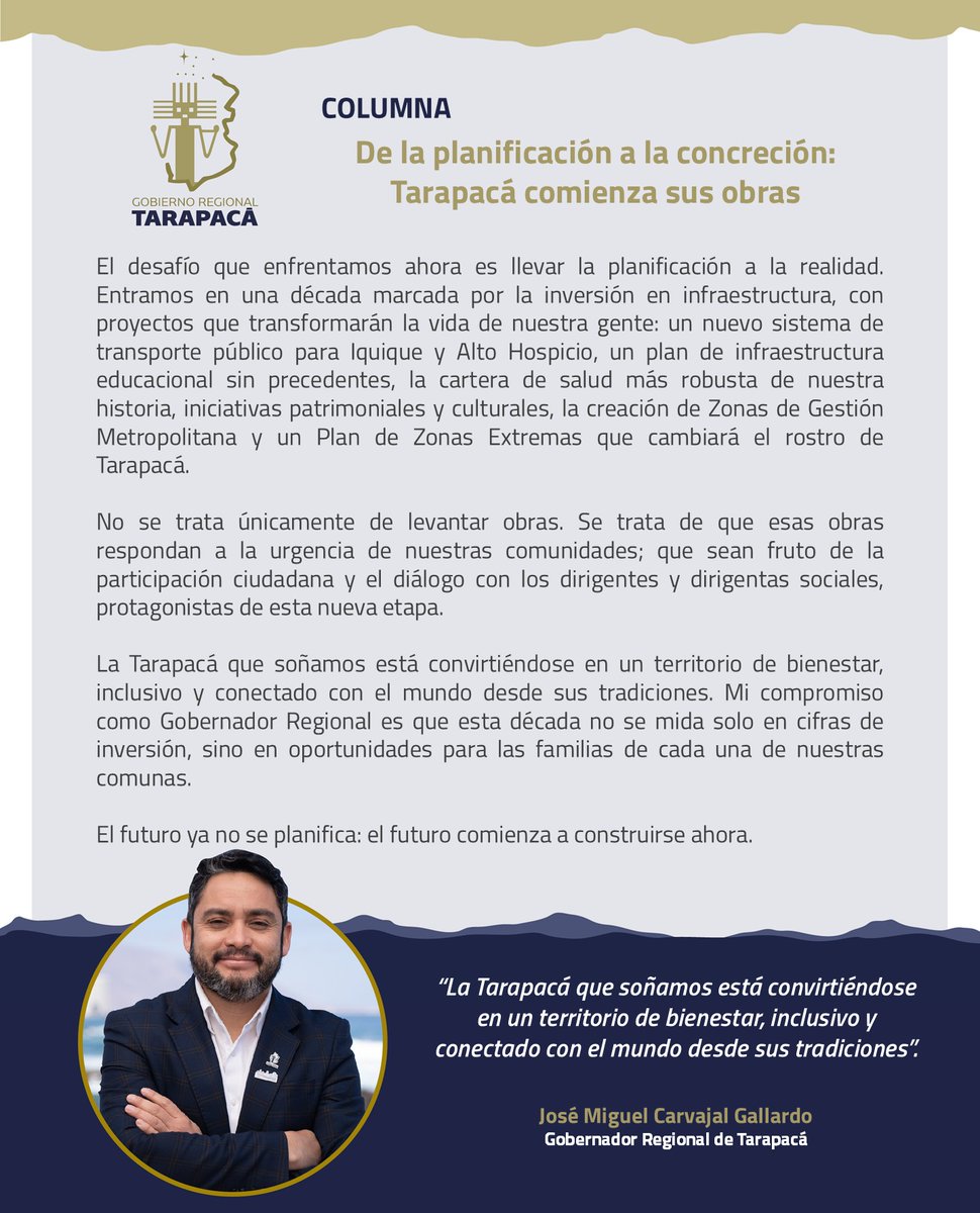 Gobierno Regional Tarapacá (@gore_tarapaca) on Twitter photo #ColumnaDeOpinión 🗣️
Te invitamos a leer la columna de opinión del Gobernador José Miguel Carvajal, "De la planificación a la concreción: #Tarapacá comienza sus obras".
Puedes revisarla en la edición de hoy de <a href="/laestrellaiqq/">La Estrella de Iquique</a> o deslizar las siguentes láminas. 🗞️➡️ #ColumnaDeOpinión 🗣️
Te invitamos a leer la columna de opinión del Gobernador José Miguel Carvajal, "De la planificación a la concreción: #Tarapacá comienza sus obras".
Puedes revisarla en la edición de hoy de <a href="/laestrellaiqq/">La Estrella de Iquique</a> o deslizar las siguentes láminas. 🗞️➡️