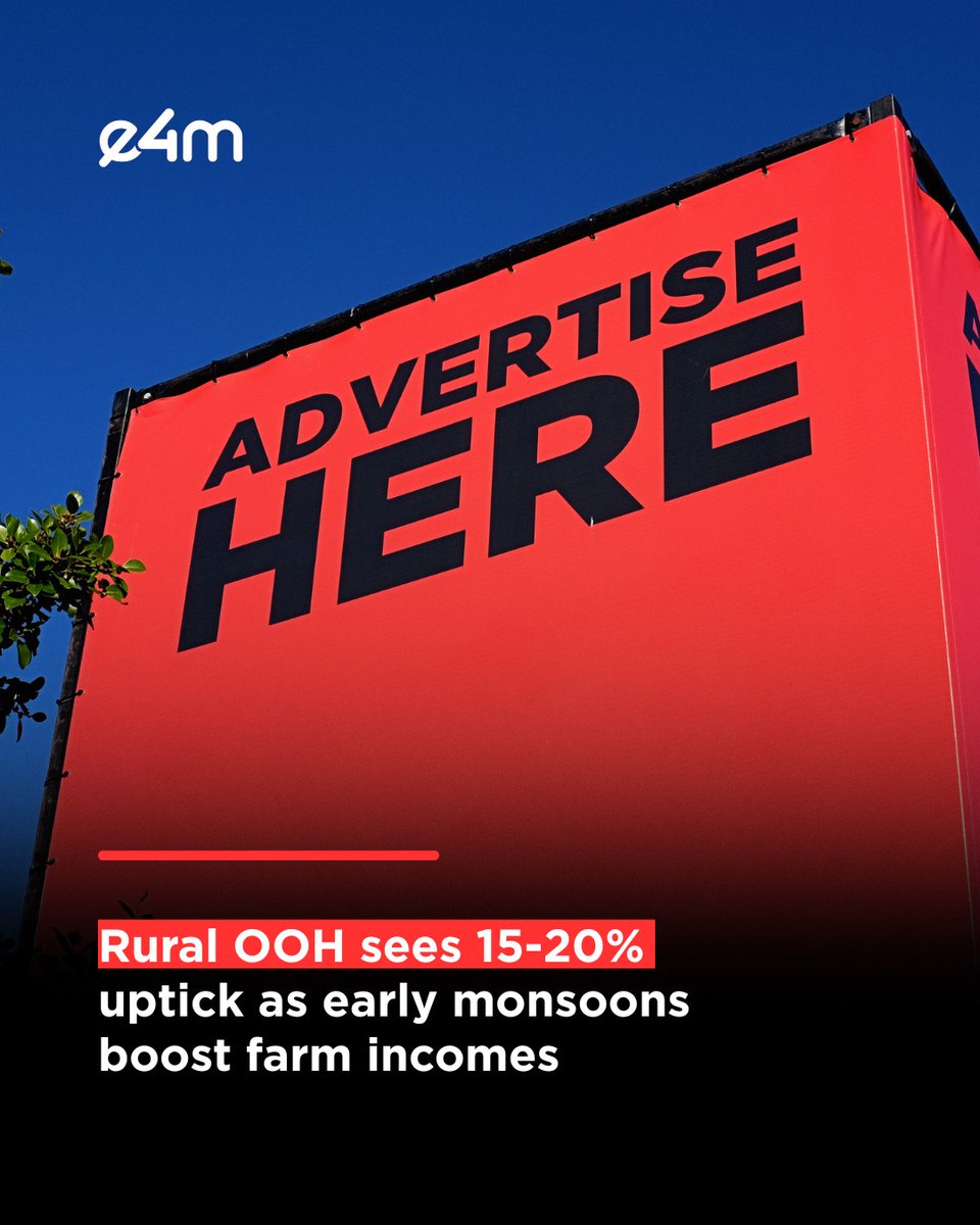 e4mtweets's tweet image. Rural OOH sees 15-20% uptick as early monsoons boost farm incomes.
Experts say ad rates too have climbed 10 to 15 per cent in pockets where farm-linked consumption is booming.

Read the full story: exchange4media.com/out-of-home-ne…

#OOHAdvertising #RuralMarkets #MonsoonImpact