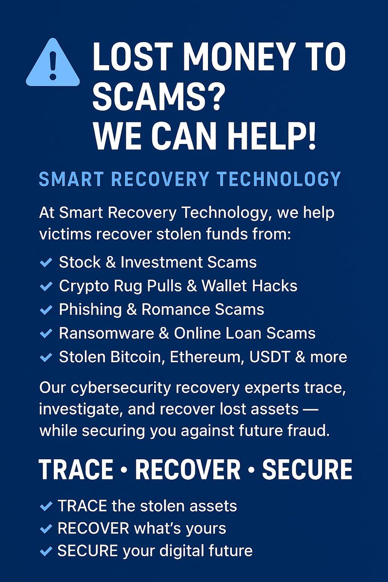 SmartRecTech's tweet image. Smart Recovery Technology (SRT)
Tracing schemes, empowering you through education and vigilance.
At Smart Recovery Technology, we:
•Trace schemes → We track and investigate scams, fraud, and schemes where people lose money or digital assets.
•Empower clients → We don’t just…