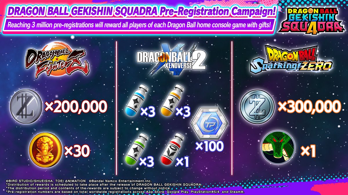 Still time to register for DRAGON BALL GEKISHIN SQUADRA!

Over 2 million pre-registrations so far. Let’s hit 3 million and all players from Dragon Ball console games will get in-game rewards!

Pre-register here: dbg-squadra.bn-ent.net

#GekishinSquadra #Squadra #DBFZ #DBXV2