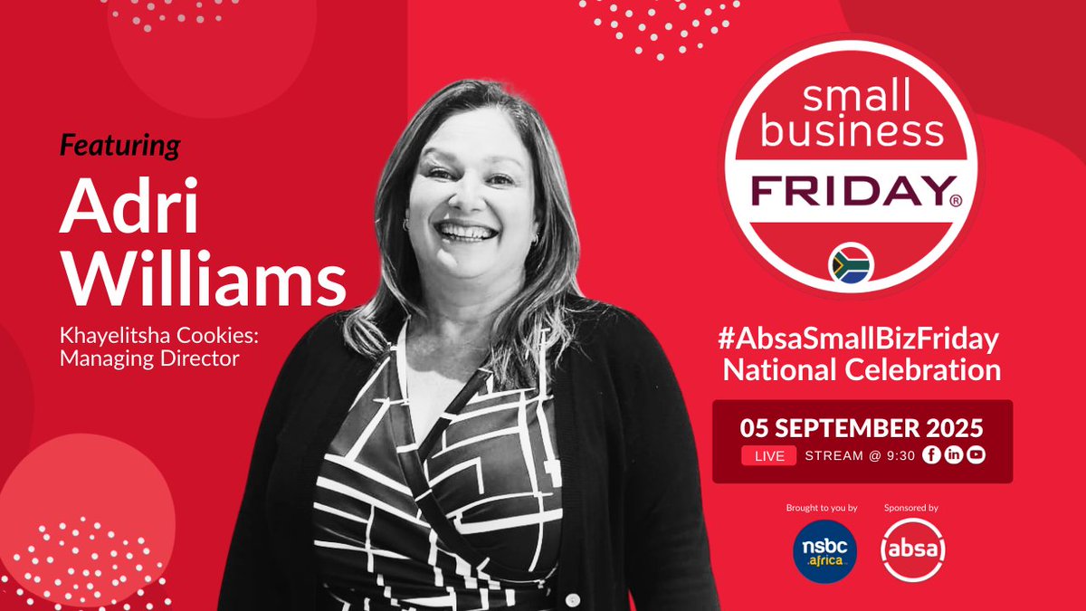 SmallBizFriday's tweet image. Adri will join us LIVE on 5 Sept at 09:30 during Absa Small Business Friday to share how heart-led leadership turned a crumb of hope into a thriving social enterprise. absasmallbizfriday.nsbcevents.africa

@Absa.SouthAfrica