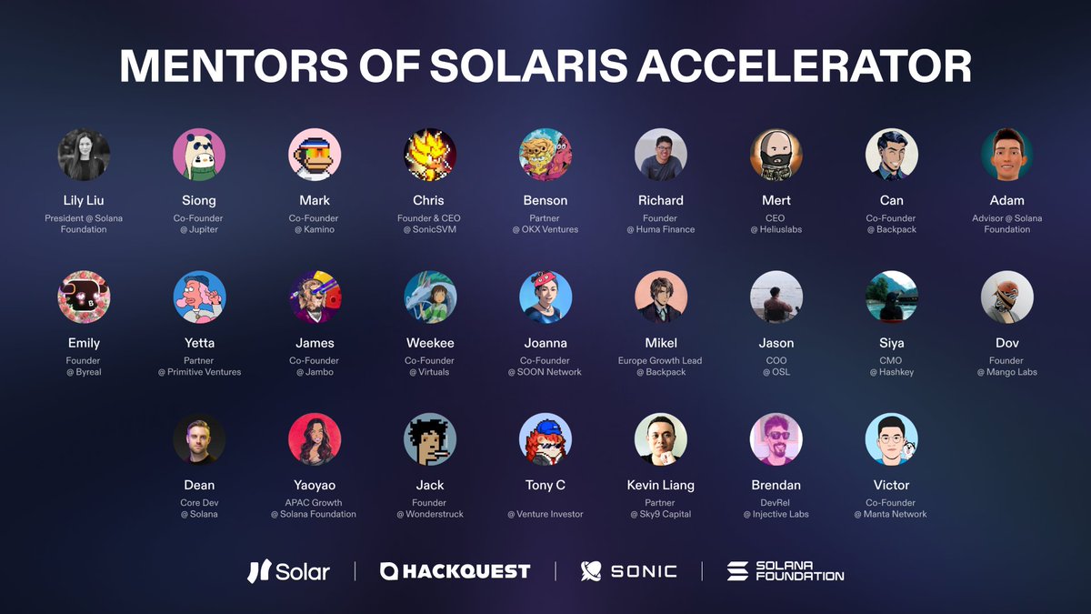 Solaris 导师合成图，包括来自 Solana Foundation、Jupiter 等的导师资料