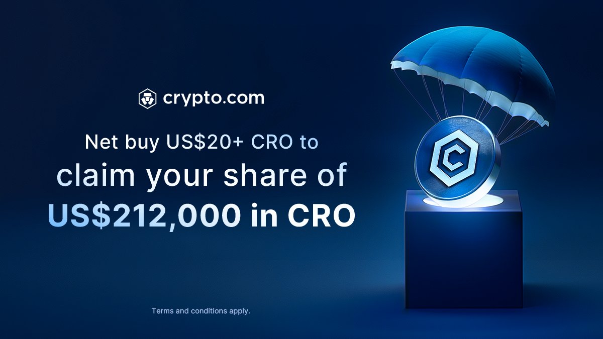Last day to join the CRO Airdrop Campaign 🚨 Net buy just US$20+ CRO after  opting in to lock in your guaranteed share of US$212,000 CRO 💰 Campaign  ends tomorrow ⏰ Not