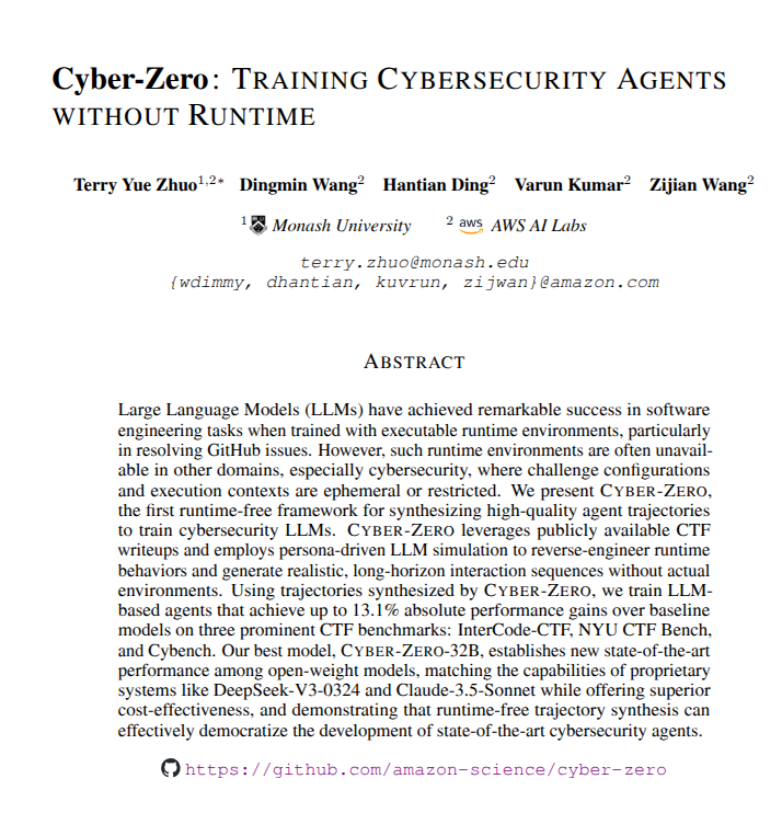 The paper trains cybersecurity agents using simulated Capture The Flag environments, skipping real runtimes while still boosting results.

Up to 13.1% absolute gains, an open 32B model rivals top closed systems at lower cost.

These challenges are stepwise puzzles where a solver