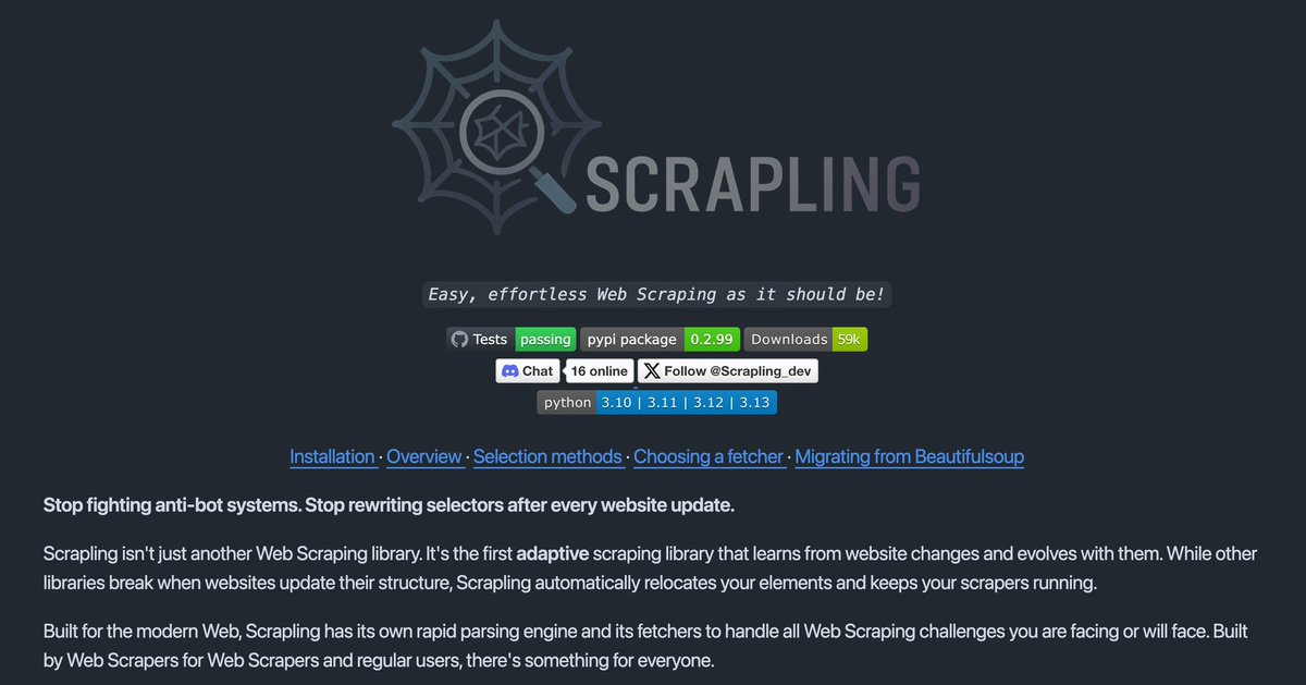 Scrapling v0.3.0 is live 🎉

Highlights:
🤖 Solves Cloudflare Turnstile automatically
⚡ 60% faster with a session-first design
✨ Comes with a powerful MCP server
🐚 Interactive shell for scraping experiments
📱 Run scraping from your terminal, no code needed

Link below!