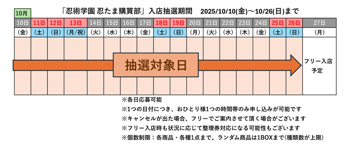 ✨入店方法✨
2025年10/10(金)～10/26(日)の期間のご入店は、予約抽選制・30分ごとの入替え制とさせていただきます。10/27(月)以降のご入店方法につきましては、後日「X」にてお知らせいたします。
