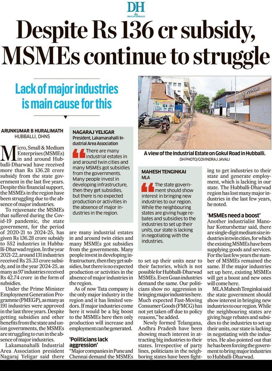 In the absence of major industries in #Hubballi-#Dharwad, #MSMEs continue to struggle 
<a href="/DeccanHerald/">Deccan Herald</a> <a href="/anithapailoor/">AnithaPailoor</a> <a href="/HubliCityeGroup/">Hublicity-eGroup</a> <a href="/Hubballi_Infra/">Hubballi Dharwad Infra</a> <a href="/hublimandi/">Hubballi Dharwad</a> <a href="/Namma_HD/">ನಮ್ಮ ಹುಬ್ಬಳ್ಳಿ-ಧಾರವಾಡ💛❤️Namma Hubballi-Dharwad</a> <a href="/Namma_Dharwad/">ನಮ್ಮ ಧಾರವಾಡ</a> <a href="/JoshiPralhad/">Pralhad Joshi</a> <a href="/MTenginkai/">Mahesh Tenginkai</a> <a href="/BelladArvind/">Arvind Bellad</a> <a href="/SantoshSLadINC/">Santosh Lad Official</a> <a href="/MBPatil/">M B Patil</a>