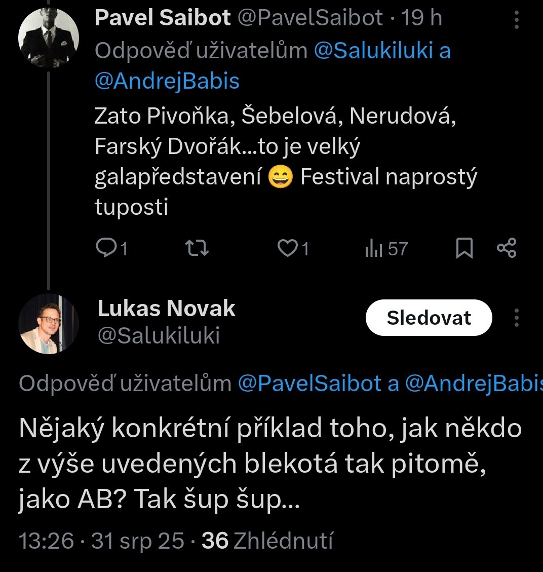 Pavel Saibot (@pavelsaibot) on Twitter photo Podržtaška hnutí STAN <a href="/Salukiluki/">Lukas Novak</a> se posmívá blábolení AB. Na připomínku, že taková <a href="/danusenerudova/">Danuše Nerudová</a> nebo <a href="/_MartinDvorak/">Martin Dvořák 🌈</a> melou x-krat větší 💩,chce rozepsat jaké konkrétně. Když mu vypíšete ty největší bláboly, dostanete fakáče, nadávky a BAN. Debílek 🤮🐠🖕 Podržtaška hnutí STAN <a href="/Salukiluki/">Lukas Novak</a> se posmívá blábolení AB. Na připomínku, že taková <a href="/danusenerudova/">Danuše Nerudová</a> nebo <a href="/_MartinDvorak/">Martin Dvořák 🌈</a> melou x-krat větší 💩,chce rozepsat jaké konkrétně. Když mu vypíšete ty největší bláboly, dostanete fakáče, nadávky a BAN. Debílek 🤮🐠🖕