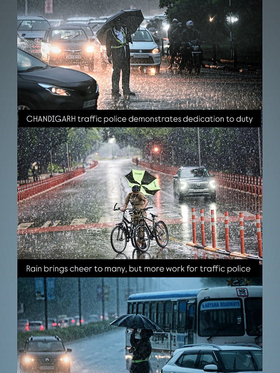 CHANDIGARH TRAFFIC police officer controlling traffic in the rain demonstrates dedication to duty by managing chaotic road conditions during heavy rain .
