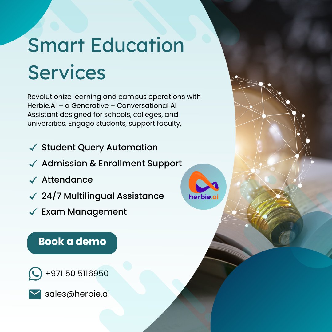 Herbie.AI - A SunSmart Global Company (@herbieai) on Twitter photo Herbie.AI โ Transforming Education with AI-Powered Engagement
๐ผ Empower your institution with AI-driven efficiency, engagement.
๐ง sales@herbie.ai
๐ฑ WhatsApp: +91 84383 35444
๐ herbie.ai/industries/eduโฆ
#HerbieAI #EdTech #AIinEducation #SmartLearning #DigitalCampus Herbie.AI โ Transforming Education with AI-Powered Engagement
๐ผ Empower your institution with AI-driven efficiency, engagement.
๐ง sales@herbie.ai
๐ฑ WhatsApp: +91 84383 35444
๐ herbie.ai/industries/eduโฆ
#HerbieAI #EdTech #AIinEducation #SmartLearning #DigitalCampus