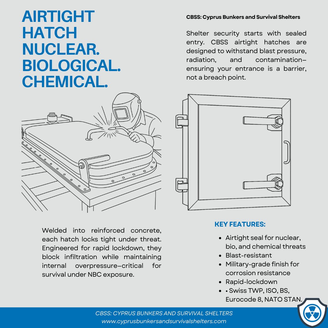 🚪 Not Just a Door — A Life-Saving Seal
CBSS airtight hatches are engineered for nuclear, biological, and chemical threats.
Blast-resistant. Overpressure-secure. Swiss and NATO standard.
Your bunker starts at the hatch.

#CBSS #Cyprus #Limassol #Nicosia #Bunkers #Shelters