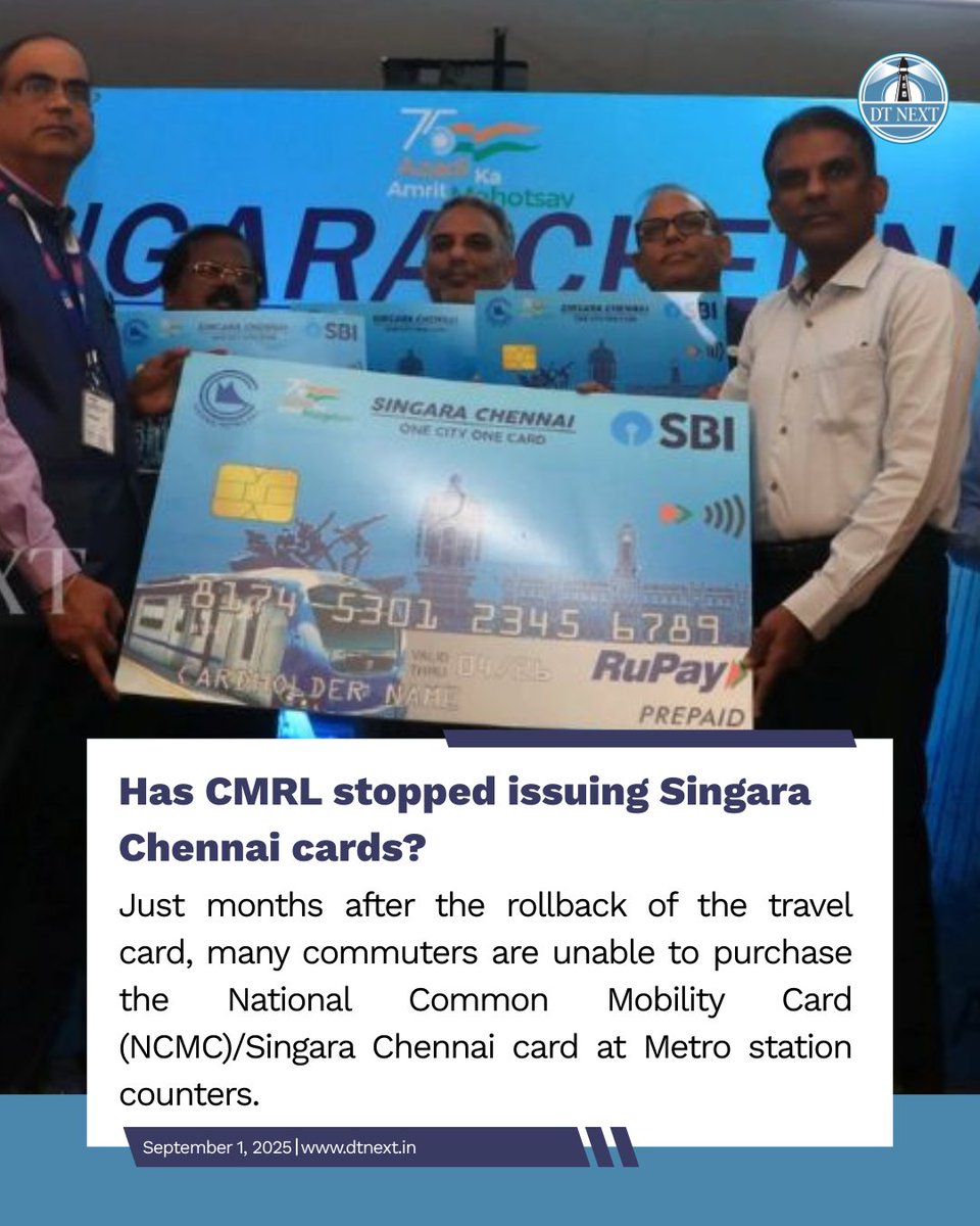 DT Next (@dt_next) on Twitter photo Passengers allege that #Chennai #Metro Rail Limited has halted issuing NCMC and Singara Chennai cards to boost in-house QR-based ticketing, Store Value Pass (SVP), months after rolling back the travel card.
🖊️ <a href="/NirupaSampath/">Nirupa Sampath</a>
dtnext.in/news/chennai/h…
#DTNext #ChennaiMetro #CMRL Passengers allege that #Chennai #Metro Rail Limited has halted issuing NCMC and Singara Chennai cards to boost in-house QR-based ticketing, Store Value Pass (SVP), months after rolling back the travel card.
🖊️ <a href="/NirupaSampath/">Nirupa Sampath</a>
dtnext.in/news/chennai/h…
#DTNext #ChennaiMetro #CMRL