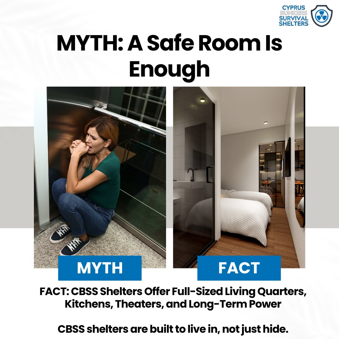 🚫 MYTH: A safe room is enough.
✅ FACT: CBSS shelters include full-size bedrooms, kitchens, long-term power, and sealed NBC systems.

You don’t hide in a CBSS bunker —
You live in it.

#CBSS #Cyprus #Limassol #Nicosia #Bunkers #Shelters #CivilDefense #EmergencyPreparedness