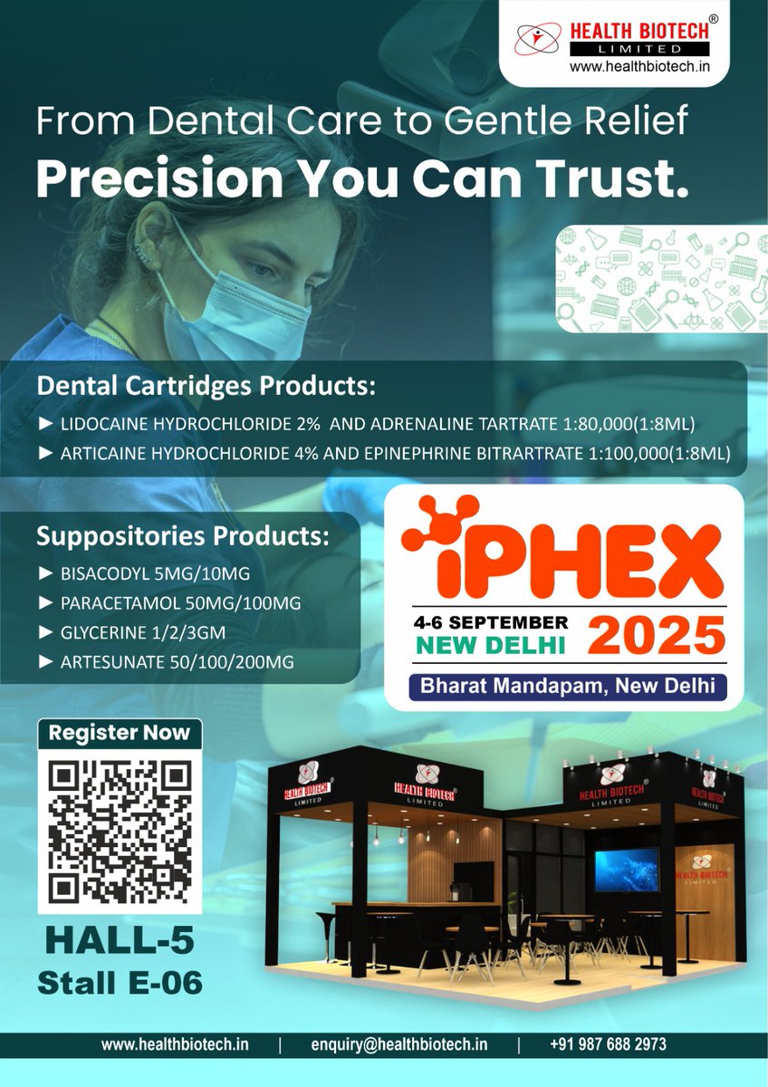 HBLHealth4All's tweet photo. ๐น From Dental Care to Gentle Relief โ Precision You Can Trust.
Proud to showcase our range at #IPHEX2025!
๐
4โ6 Sept 2025
๐ Bharat Mandapam, New Delhi
๐ข Hall 5 | Stall E-06
๐ Book now: https://t.co/fDQNkRFQsR
#healthbiotech #dentalcartridges #suppositories #pharma https://t.co/hQV0hyN8ss