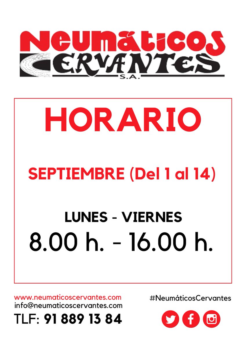 ⏰️ 𝗡𝗢𝗩𝗘𝗗𝗔𝗗𝗘𝗦 𝗛𝗢𝗥𝗔𝗥𝗜𝗢 𝗦𝗘𝗣𝗧𝗜𝗘𝗠𝗕𝗥𝗘 𝟮𝟬𝟮𝟱 ⏰️

📅 Del 1 al 14 de septiembre: 

🕜 De lunes a viernes: de 8.00 h. a 16.00 h.

❌️ ¡Los #sábados CERRADO!

#Taller #Tallerdecoches #NeumaticosCervantes #Mecánica #Mecánicadecoches #AlcaládeHenares