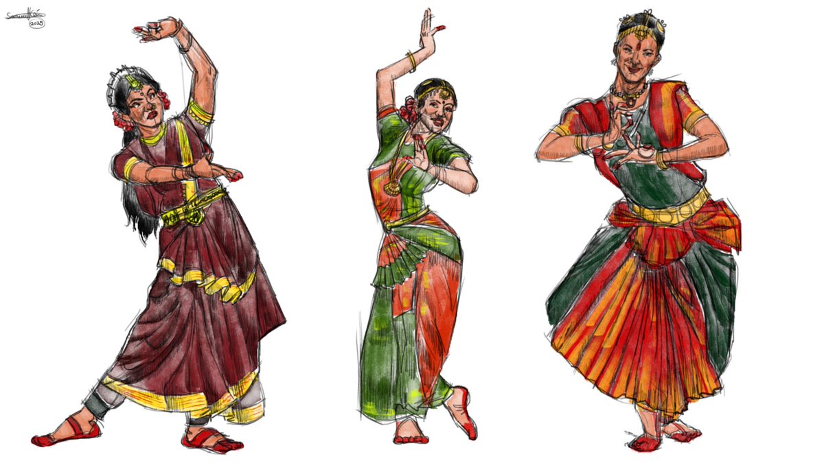 Figure drawing of Indian women dancing the Bharatnatyam , a type of  performance arts . These are based on reference pictures studying poses ,  anatomy and clothes. - - #conceptart #artist #bharatnatyam #, image size:1200x675
