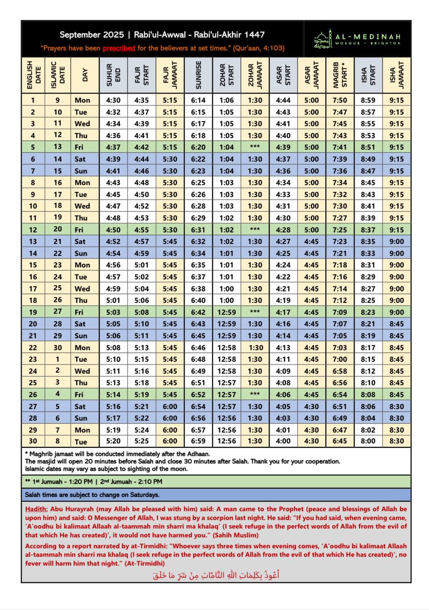 September prayer timetable