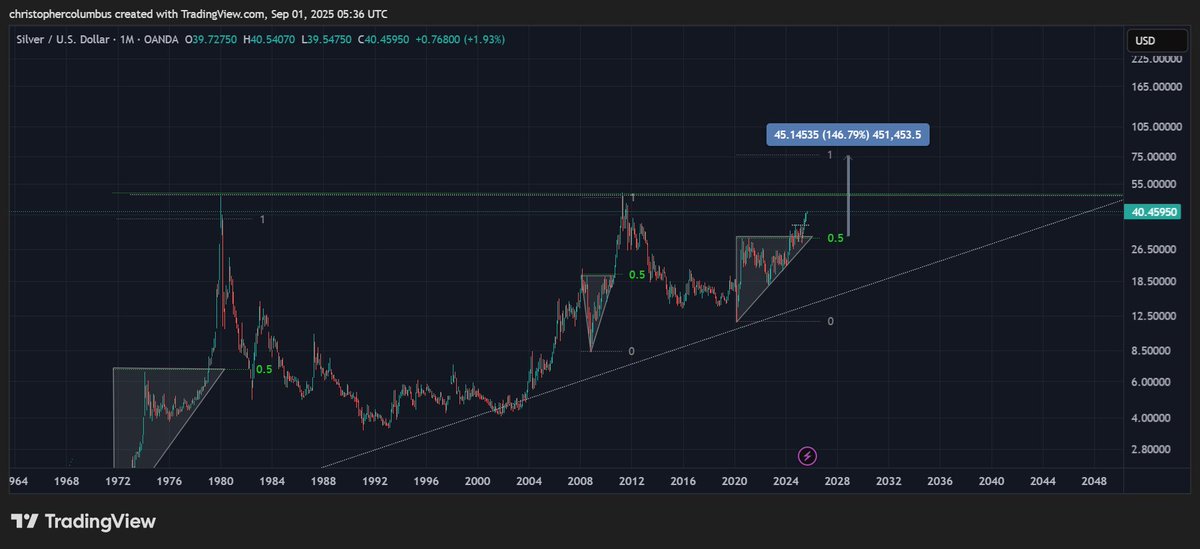 A line graph displaying silver prices over time, spanning from the 1970s to 2024. The chart includes candlestick patterns, trend lines, and price levels marked in USD, ranging from 0 to 50,000. A TradingView watermark is visible in the bottom right corner.