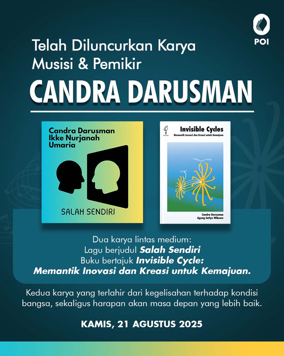 Telah di Luncurkan Dua Karya Lintas Medium:

Lagu berjudul Salah Sendiri, dan juga Buku Invisible Cycles: Memantik Inovasi dan Kreasi untuk Kemajuan
Dua karya yang merefleksikan kegelisahan atas kondisi saat ini.