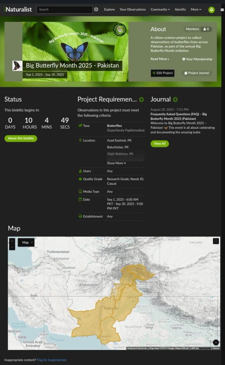 BIG BUTTERFLY MONTH 🇵🇰 2025 (1-30 Sept) has begun. All Pakistani 🦋 lovers can participate by installing Inaturalist app on thier smartphone, joining this project &amp;  submiting maximum 🦋 observations in Sept 2025.