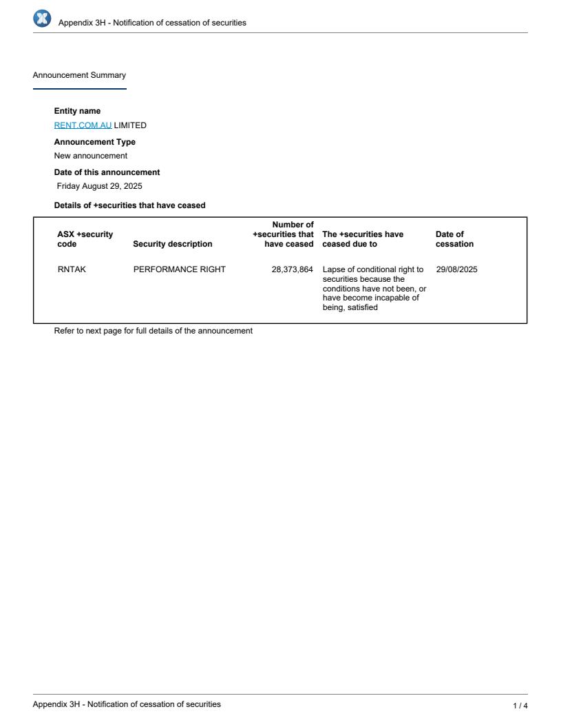 Notification of cessation of securities - RNT $RNT - bit.ly/3UQSNnP