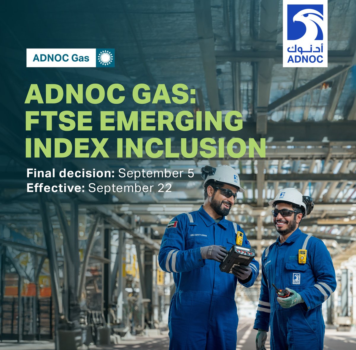 For ADNOC Gas, this milestone is more than an index inclusion – it’s a recognition of our journey, performance, and future ambitions.
 
To learn more about becoming a shareholder in ADNOC Gas, click here: bit.ly/4h5S5vK
