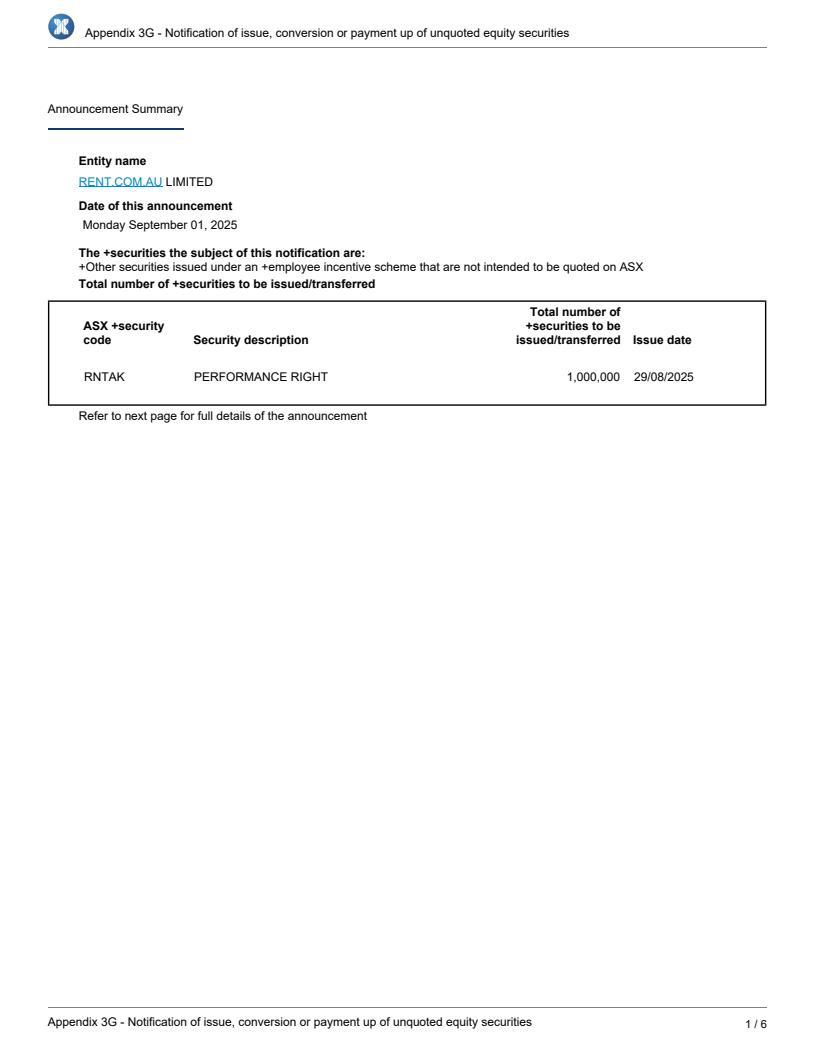 Notification regarding unquoted securities - RNT $RNT - bit.ly/4mESys6