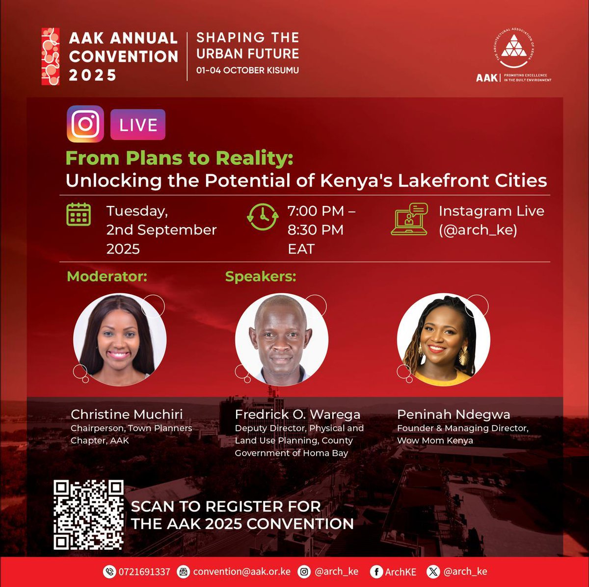 AAK invites you to an interactive Instagram Live session, that will give a snippet of the Main Convention sub-theme “From Plans to Reality.  We’ll explore how Kisumu and Homa Bay can transform through effective planning, policy, and inclusive design. Don’t miss insights from