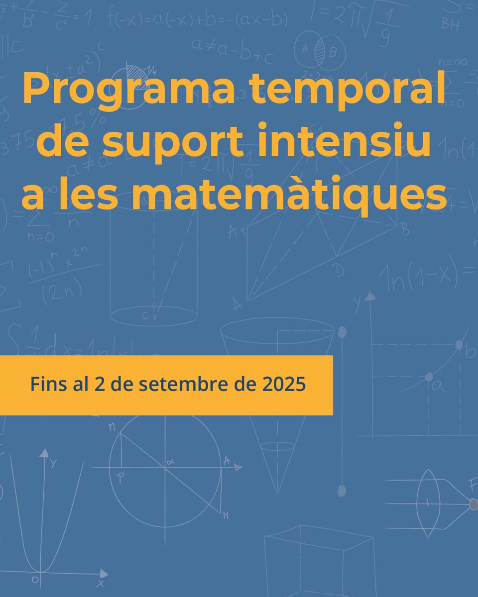 Últim dia per participar al programa temporal de suport intensiu a les #matemàtiques! Més informació al següent enllaç.

📅 Fins al 2 de setembre

🔗 espai.educacio.gencat.cat/Centres/Projec…

#AlsCentres