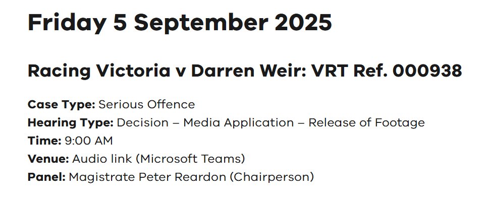 The Victorian Racing Tribunal (VRT) will rule Friday to publicly release the Darren Weir "jigger-use" footage from October 2018 after applications from multiple media organisations <a href="/theheraldsun/">Herald Sun</a> Nine Entertainment (<a href="/theage/">The Age</a>)
Submissions heard last week. RV understood to be neutral