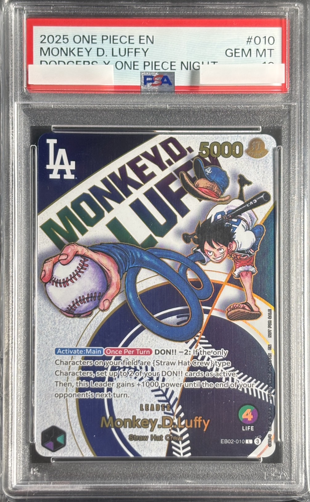 【PSA10】【現地で直接獲得】ワンピースカード ドジャース ルフィ PSA10】ドジャースワンピースカード モンキーD. ルフィ #010