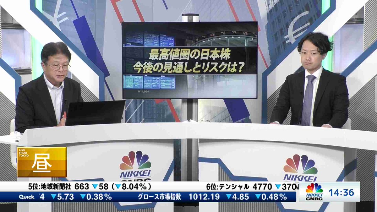 最高値圏の日本株 今後の見通しとリスクは？】ソシエテ・ジェネラル証券  マルチアセットストラテジストの斉藤勉氏に、注目点と今後の見通しを聞きます。視聴は→https://t.co/1P6nbX3dbT