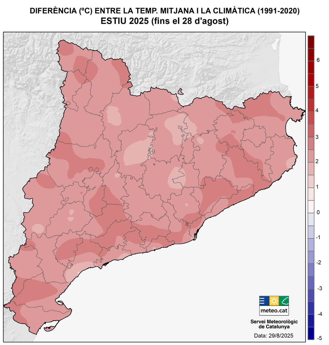 Avanç ESTIU 2025 (juny-set)
És el més càlid a l’OBS. DE L'EBRE <a href="/obsebre/">Obs. de l'Ebre</a>  en 121 anys d’història
S'assoleix el rècord de temperatura màxima en un mes d’agost (38,9 ºC) al FABRA  <a href="/RACABarcelona/">RACAB</a>  de BCN
S’han superat els 40 ºC 16 dies en el conjunt de Cat
Es tracta d' un nou rècord