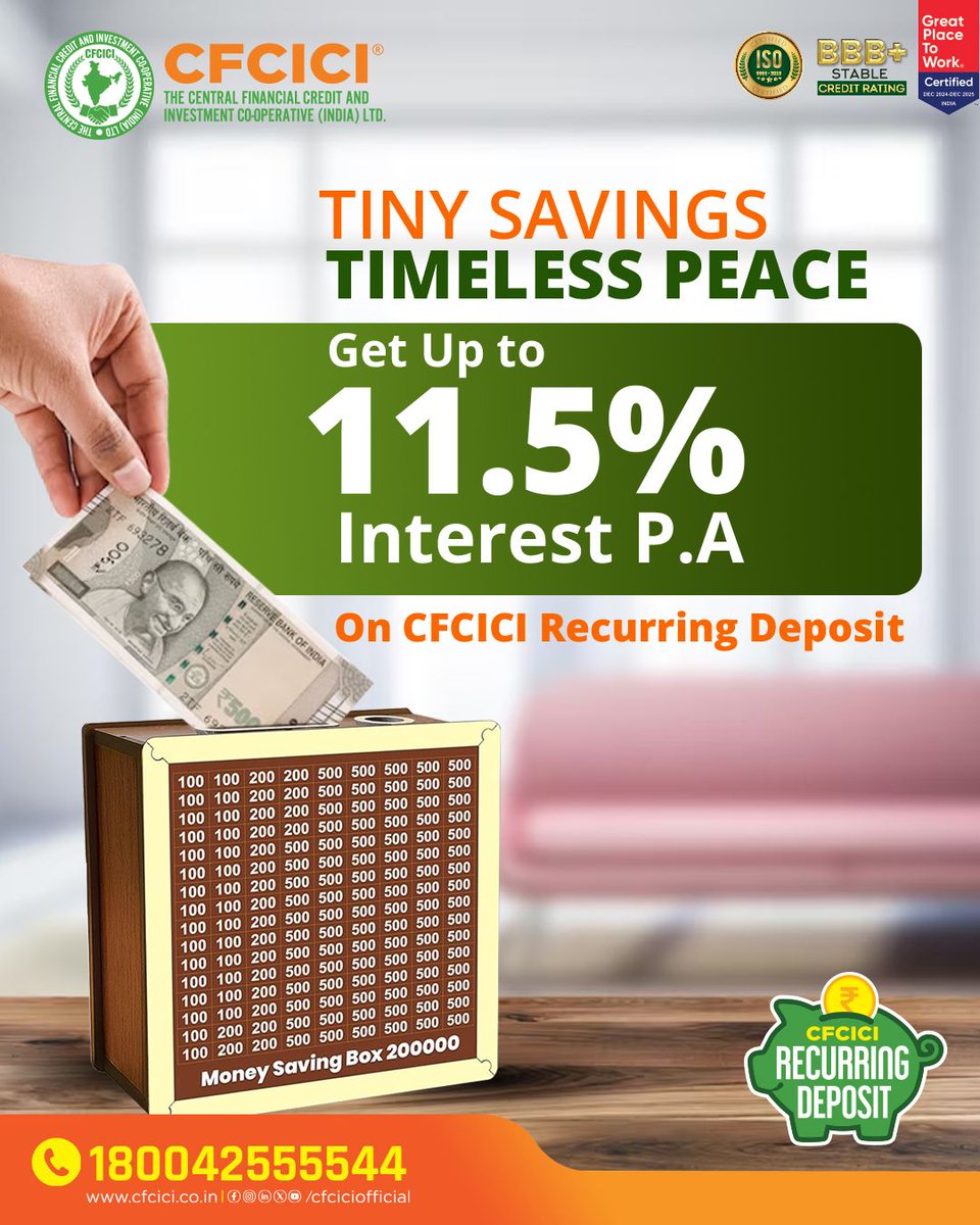 💰 Tiny Savings, Timeless Peace!
Start your journey towards financial security with CFCICI Recurring Deposit and earn up to 11.5% Interest P.A. 🌟

✨ Save smart, grow steady, and enjoy peace of mind!

📞 Call: 180042555544
🌐 Visit: cfcici.co.in