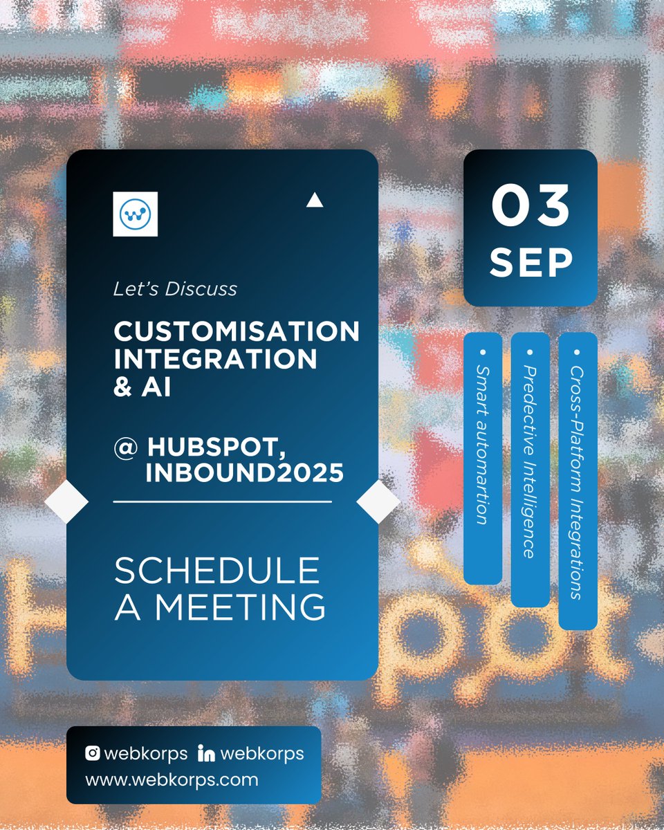 webkorpsllc's tweet image. 🚀We’re heading to #INBOUND2025 in San Francisco!
Let’s talk 👉Smart Automation | Predictive Intelligence | Cross-Platform Integrations.
👉Sept 3-5 | 🤝Meet WebKorps & explore AI-powered CRM growth!
🔗webkorps.com/event/inbound
#INBOUND2025 #HubSpotINBOUND #INBOUND #HubSpot