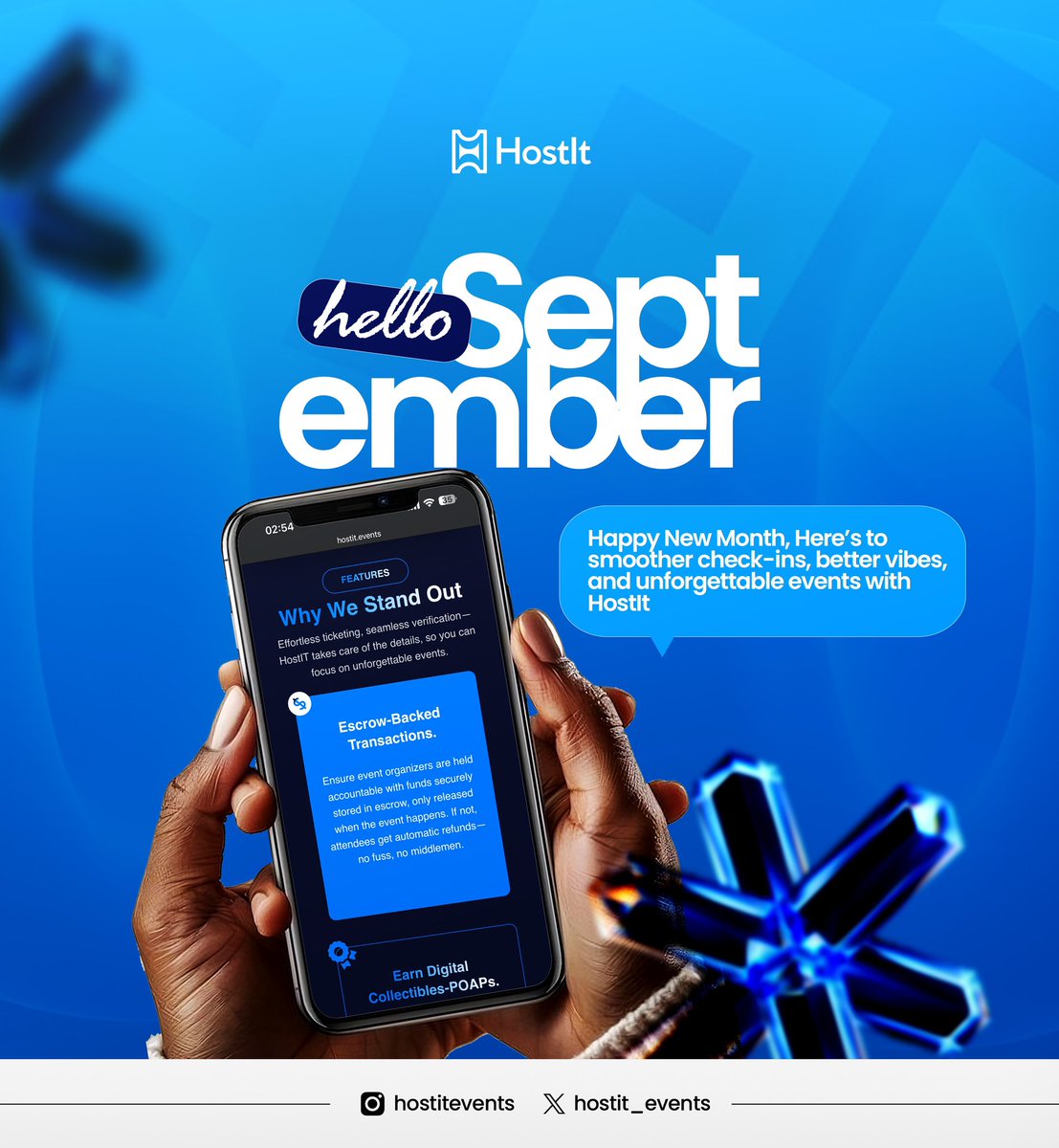 hostit_events's tweet photo. ✨ “A new month, a fresh stage for greater events! 🚀 
This September, HostIT is here to power your moments, your connections, your memories. 
Ready to make every ticket count? 🎟️ #HostIT #September https://t.co/VJIdYLiDdM
