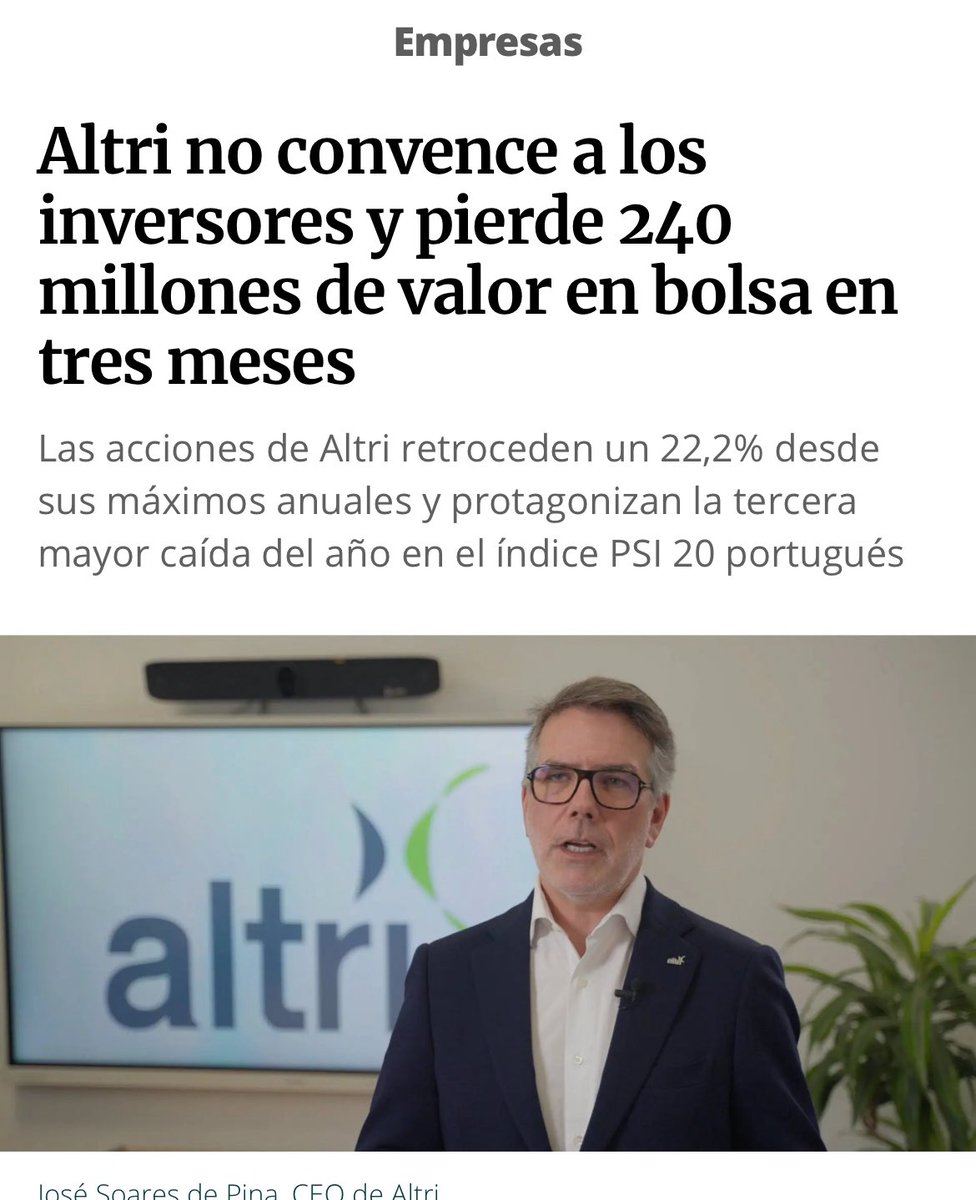 #ALTRI Non convence a ninguén , que nom sexa a  <a href="/AlfonsoRuedaGal/">Alfonso Rueda</a> e ao <a href="/ppdegalicia/">PP de Galicia</a> ..
O futuro pra Galiza , disque 🧏🏽‍♂️

Altri non convence aos investidores e perde 240 millóns de valor en tres meses
As accións de Altri retroceden un 22,2% desde os seus máximos anuais 
#AltriNon