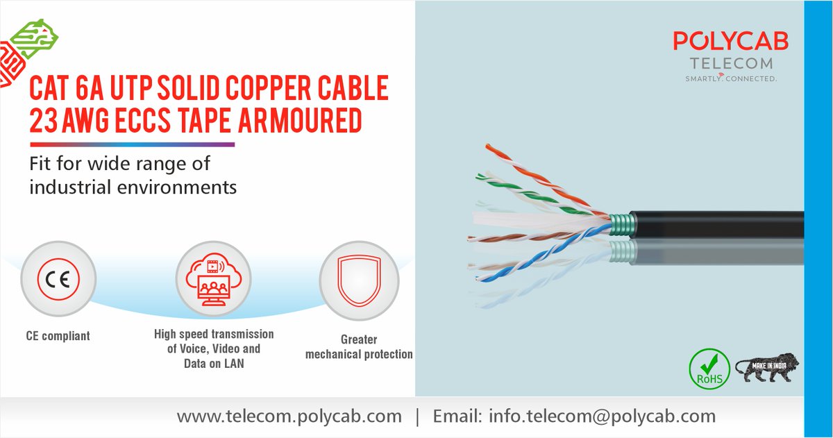 PolycabTelecom's tweet image. Cat 6A UTP Solid Copper Cable 23 AWG ECCS Tape armoured
Fit for wide range of industrial environments 
Know More bit.ly/4lVhgn5 

#Cat6A #UTP #SolidCopperCable #ECCSTape #polycabtelecom #polycab #vocalforlocal #digitalIndia #makeinIndia #atmanirbharbharat @PolycabIndia